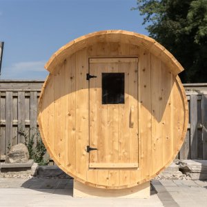 White Cedar barrel sauna kit exterior front view