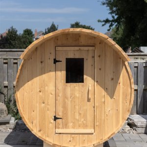 Barrel sauna kit front view with windowed door